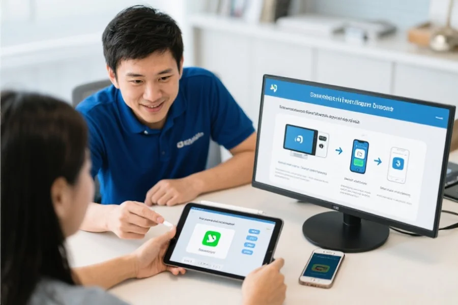 一位技术支持人员正在耐心指导用户如何在平板和手机上下载安装应用，桌面上有清晰的设备和步骤指南