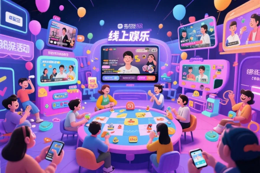 多元化线上娱乐活动场景，用户在参与互动游戏和观看直播，画面活跃热闹，充满欢快氛围